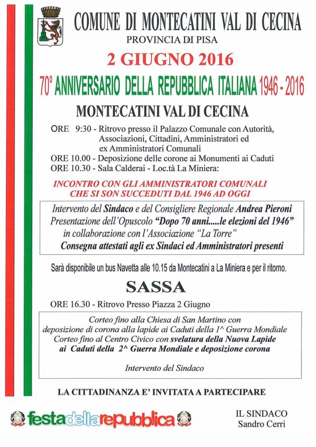 Turismo a Montecatini Val di Cecina: 2 Giugno, Anniversario della Repubblica Italiana 1946-2016