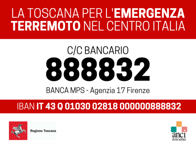 Terremoto centro Italia, un conto corrente per le donazioni di tutta la Toscana