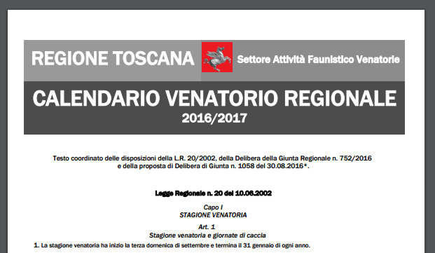 Toscana: Caccia, approvato il Calendario 2016-2017