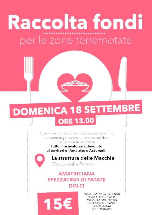 Arcidosso. Pranzo di solidarietà e raccolta fondi per le comunità colpite dal terremoto del 24 agosto.