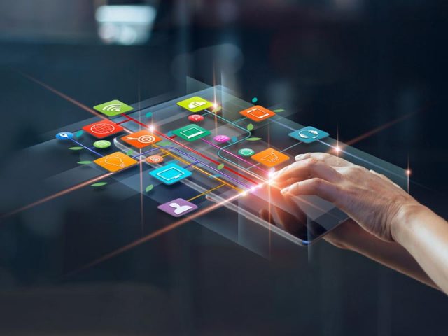 Hands using mobile payments, Digital marketing. Banking network. Online shopping and icon customer networking connection on virtual screen, Business technology concept